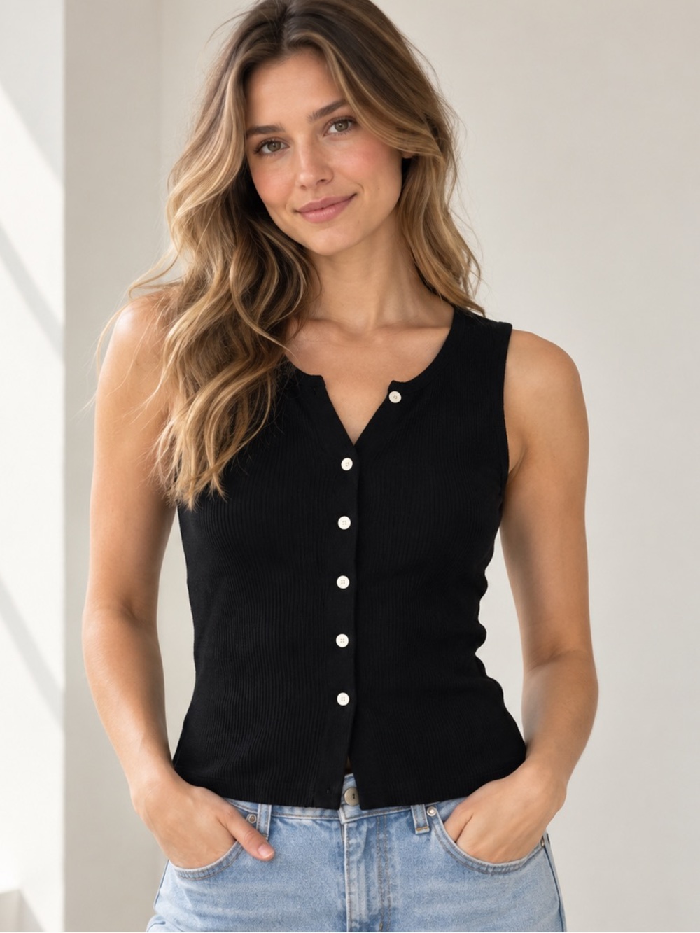 Wild Fable Black Ribbed Button Front Tank Top Small Y2K Fitted